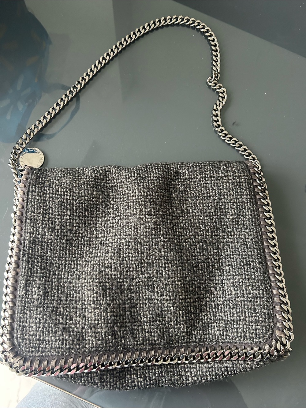 Stella McCartney Gray Tweed Chain-Trim Shoulder Bag